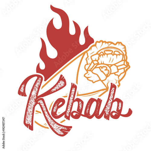 kebab. Handwritten lettering logo, label, badge. Emblem for fast food restaurant, cafe. Isolated on white background. Vector illustration.