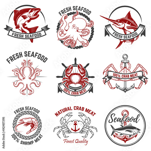 Set of the seafood labels isolated on white background. Design element for logo, label, badge, sign. Vector illustration.