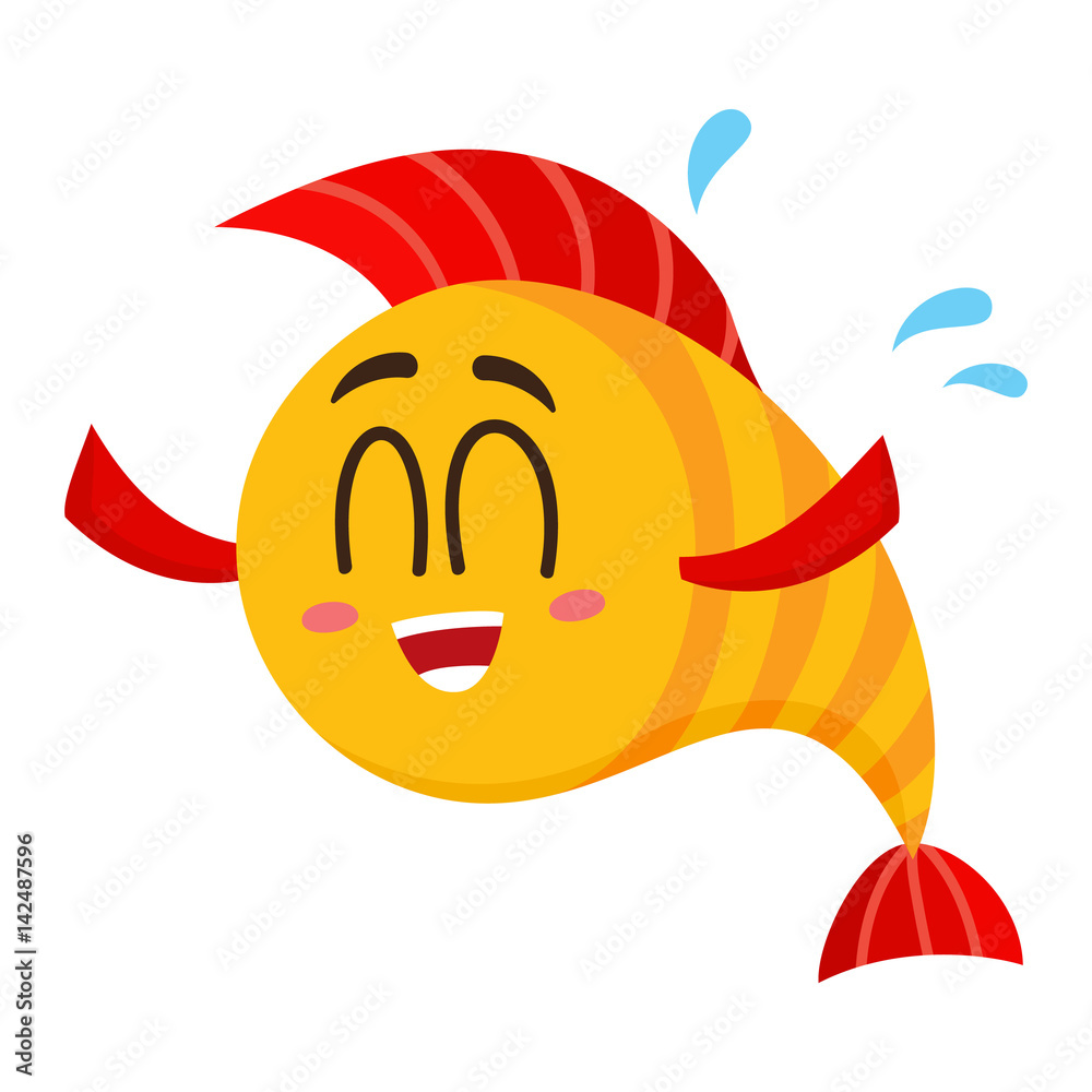 Cute, funny golden, yellow fish character with human face laughing, happy,  excited, cartoon vector illustration isolated on white background. Yellow  fish character, mascot laughing happily Stock Vector | Adobe Stock