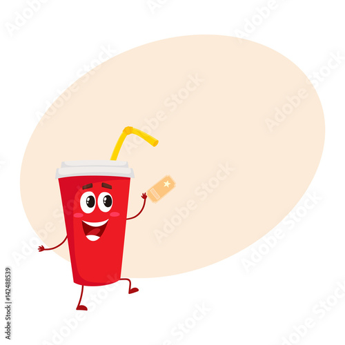 Cute and funny soda drink character in red paper cup with smiling human face, cartoon vector illustration with place for text. Smiling movie, cinema soft drink, beverage character, mascot