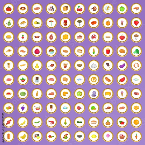 100 food icons set in cartoon style