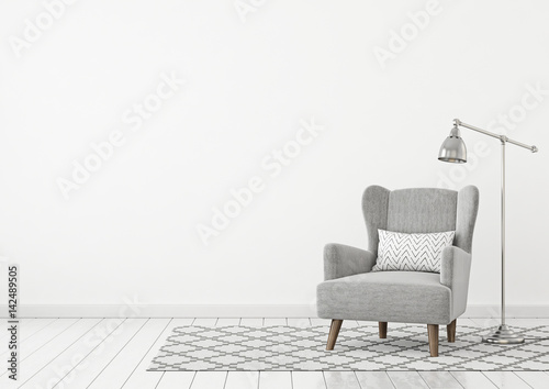 Neutral classic livingroom interior with grey fabric armchair, pillow, lamp and nordic style rug on empty white wall background. 3D rendering.