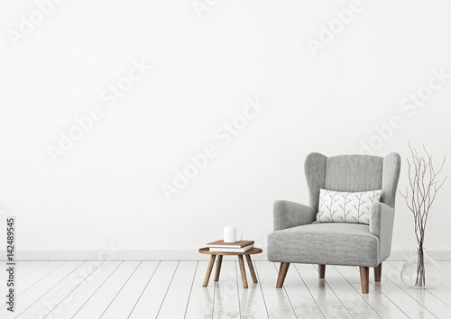 Simple and cozy scandinavian style livingroom interior with grey armchair  pillow  books  cup and twigs in vase on clear white wall background. 3D rendering.