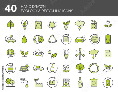 Hand drawn Ecology and Recycling icons set. Vector illustration.