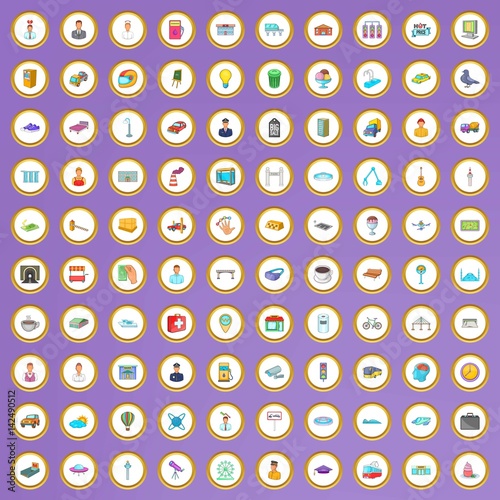 100 megapolis icons set in cartoon style