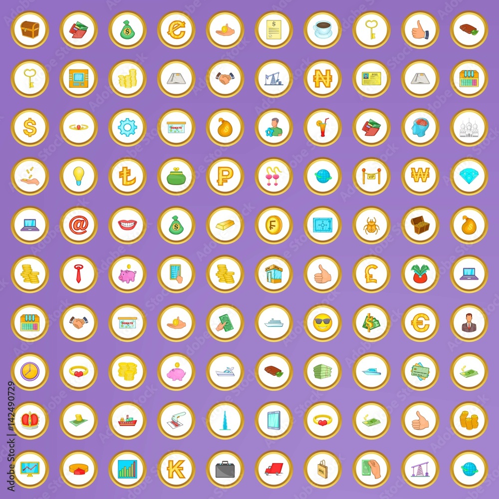100 money and wealth icons set in cartoon style 100 money and wealth icons set in cartoon style