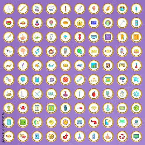 100 quality control icons set in cartoon style