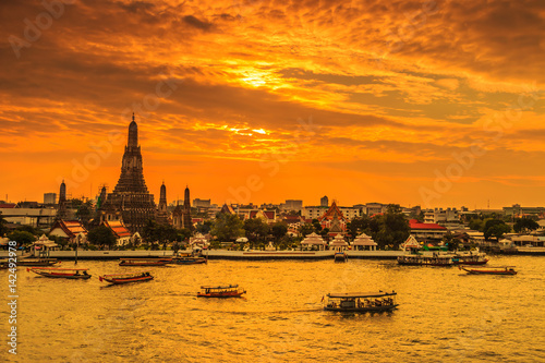 Wat Arun Ratchawararam Ratchawaramahawihan or Wat Arun (Temple of Dawn) in the twilight, Bangkok of Thailand. They are public domain or treasure of Buddhism, no restrict in copy or use