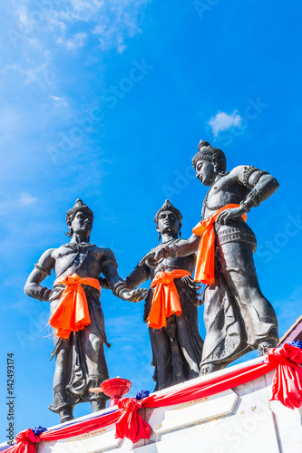 Three Kings Monument at the old town in Chiangmai province of Thailand. Phaya Mangrai is in the middle, Phaya Ruang is in the left and Phaya Ngam Mueang is in the right. It was built in 1983