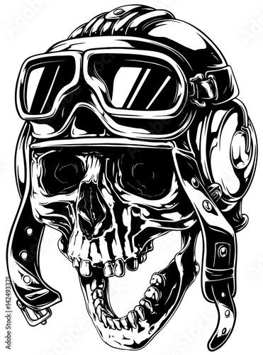Crazy smiling old human skull in aviator helmet