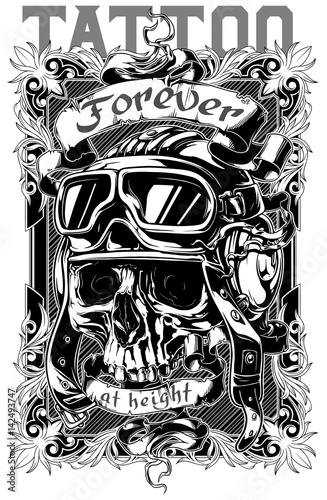 Graphic tattoo poster design with skull and text