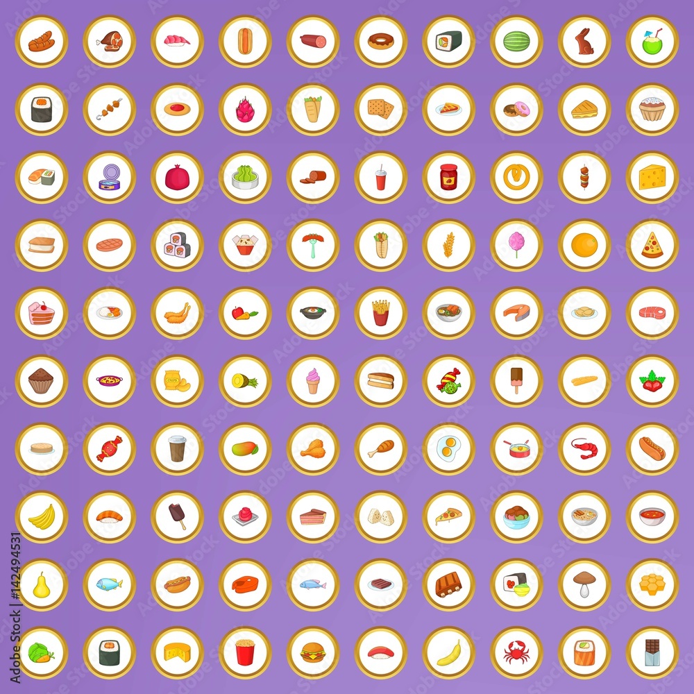 100 tasty food icons set in cartoon style 100 tasty food icons set in cartoon style