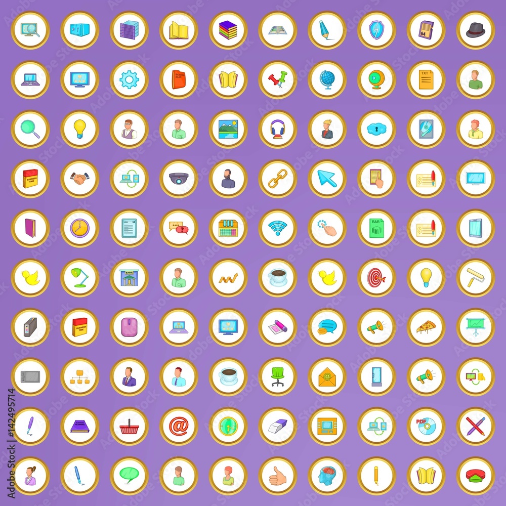100 workspace icons set in cartoon style