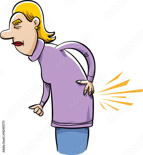 A cartoon woman with a painful, sore back.