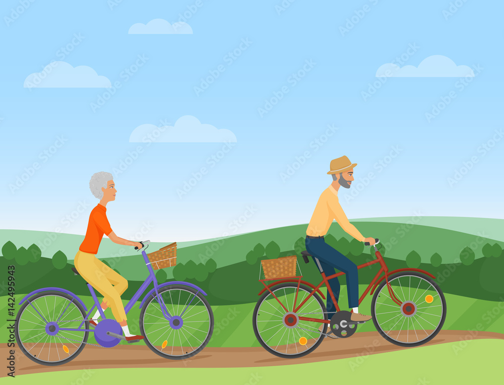 Fototapeta premium A senior couple riding the bikes in the countryside. Old people cyclists. Vector illustration.