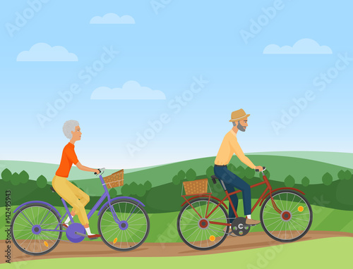 A senior couple riding the bikes in the countryside. Old people cyclists. Vector illustration.
