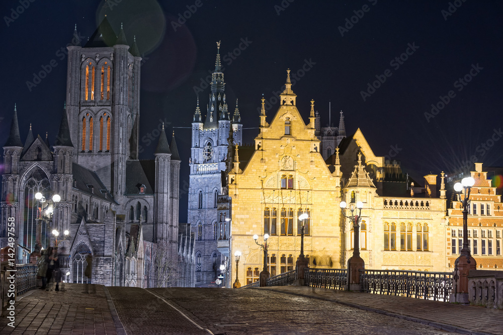 The buildings from the city of Gent, Belgium into the spotlights