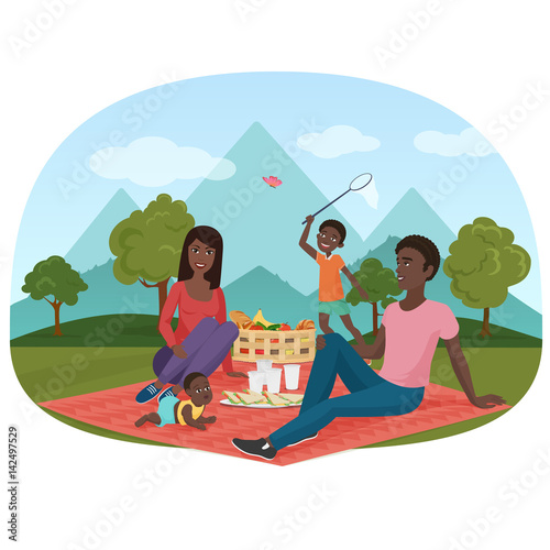 The vector illustration of cheerful African family on a picnic outside. Black people family camping near the mountains.