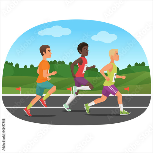 Three young sport man Running Outdoor. Jogging people marathon. White and black people running together.