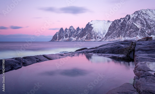 Winter view to Steinfjord on Senja island (Oksan on background). Troms county (long exposure) - Norway