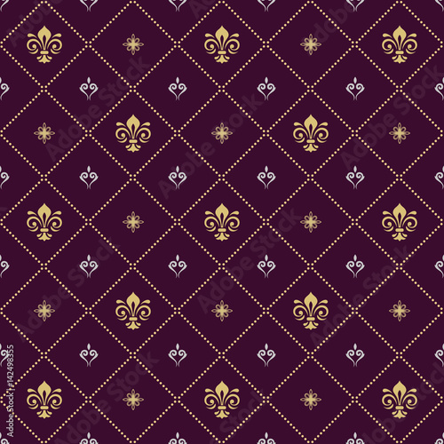 Seamless vector pattern. Modern geometric ornament with golden royal lilies. Classic vintage background