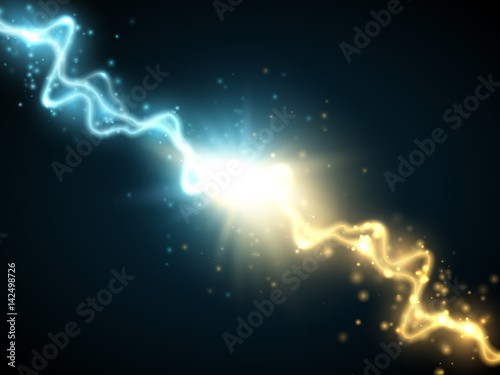 Collision of two forces with gold and blue light. Vector