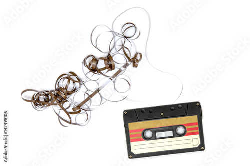 Old cassette tapes with copy space on white background