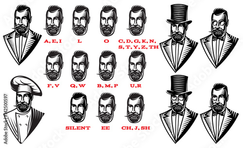 Set for man characters speaks animation. Set of frames. Teaching talk letters monochrome vector illustration.