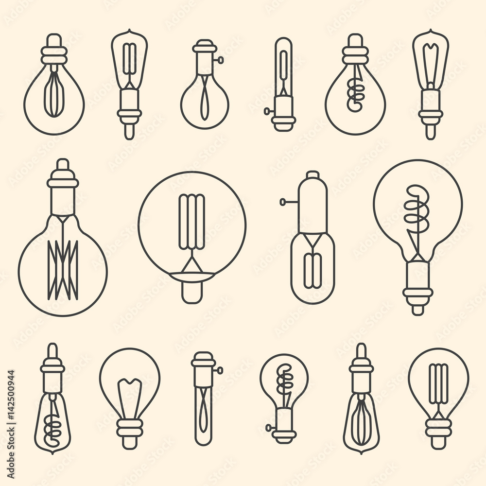 Set of retro stylized linear electric bulbs illustration Set of retro stylized linear electric bulbs illustration