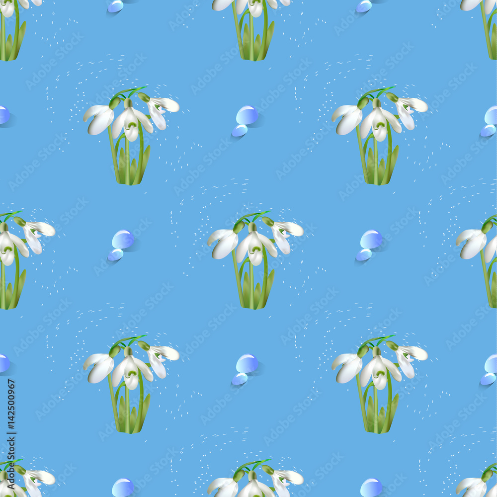 Natural seamless pattern of snowdrops and water drops. White flowers with flying snow, leaves and water drops on a blue background