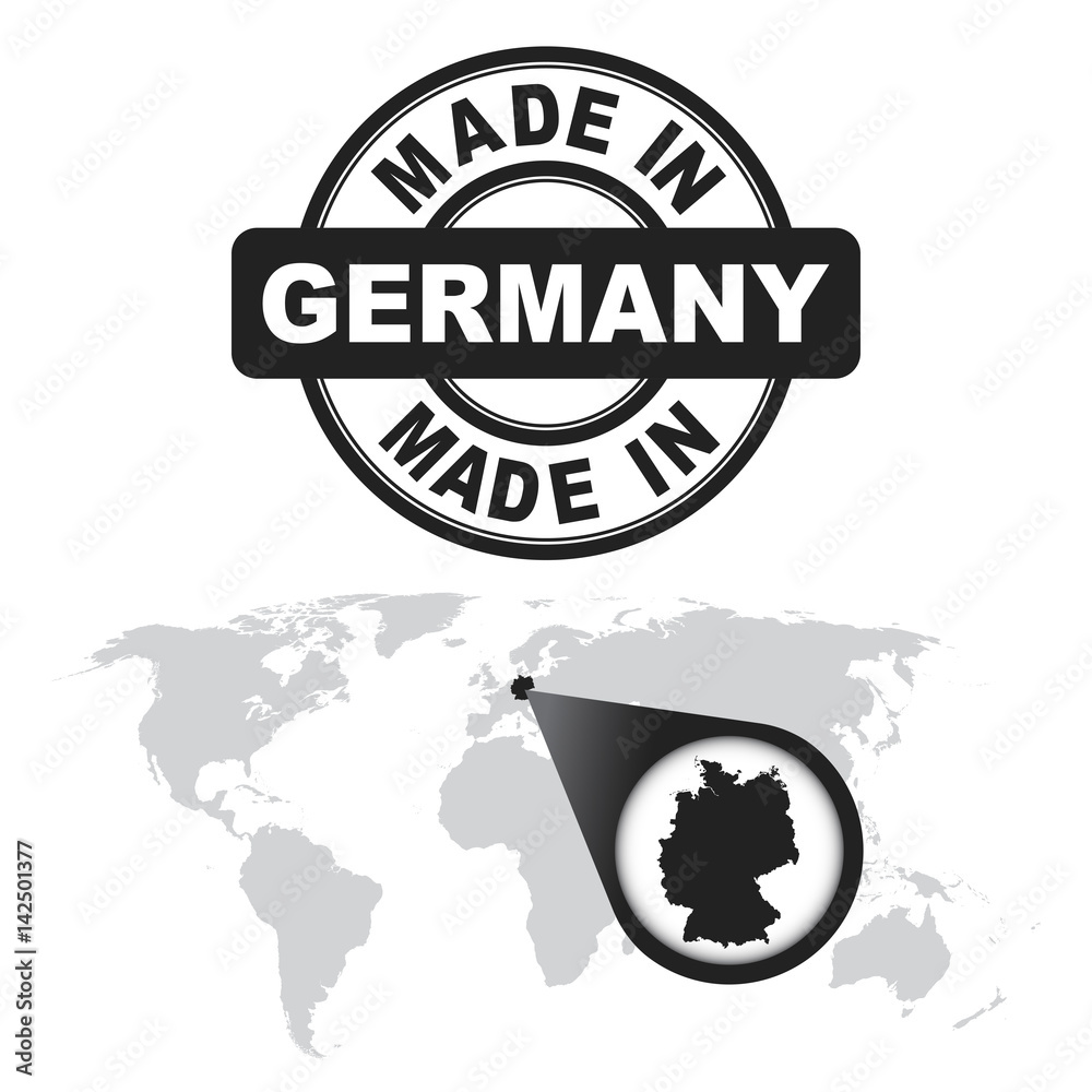 Made in Germany stamp. World map with zoom on country. Vector emblem in flat style on white background. Made in Germany stamp. World map with zoom on country. Vector emblem in flat style on white background.
