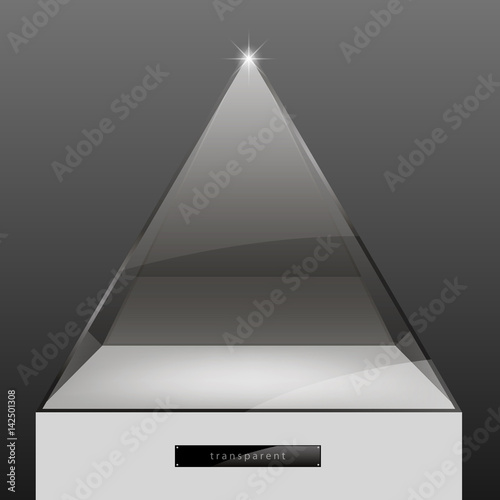 Showcase of glass in the form of a cap on the podium. Exposition of jewelry. Vector graphics with the effect of transparency. Retail store equipment