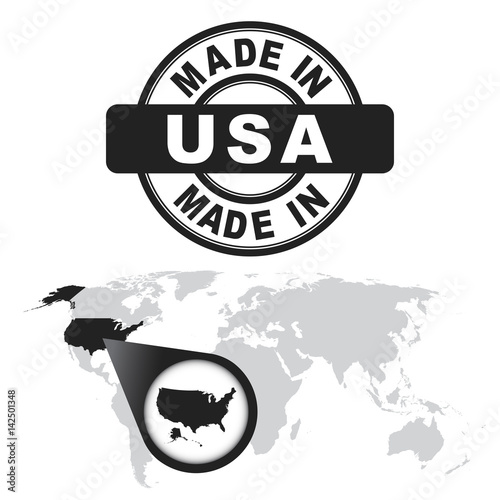 Made in USA  America stamp. World map with zoom on country. Vector emblem in flat style on white background.