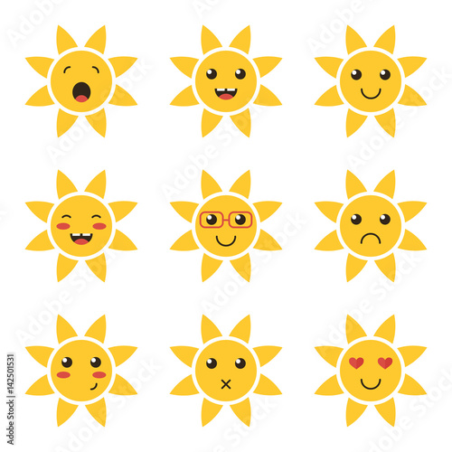 Flat design cartoon cute sun character with different facial expressions  emotions. Set  collection of emoji isolated on white background.