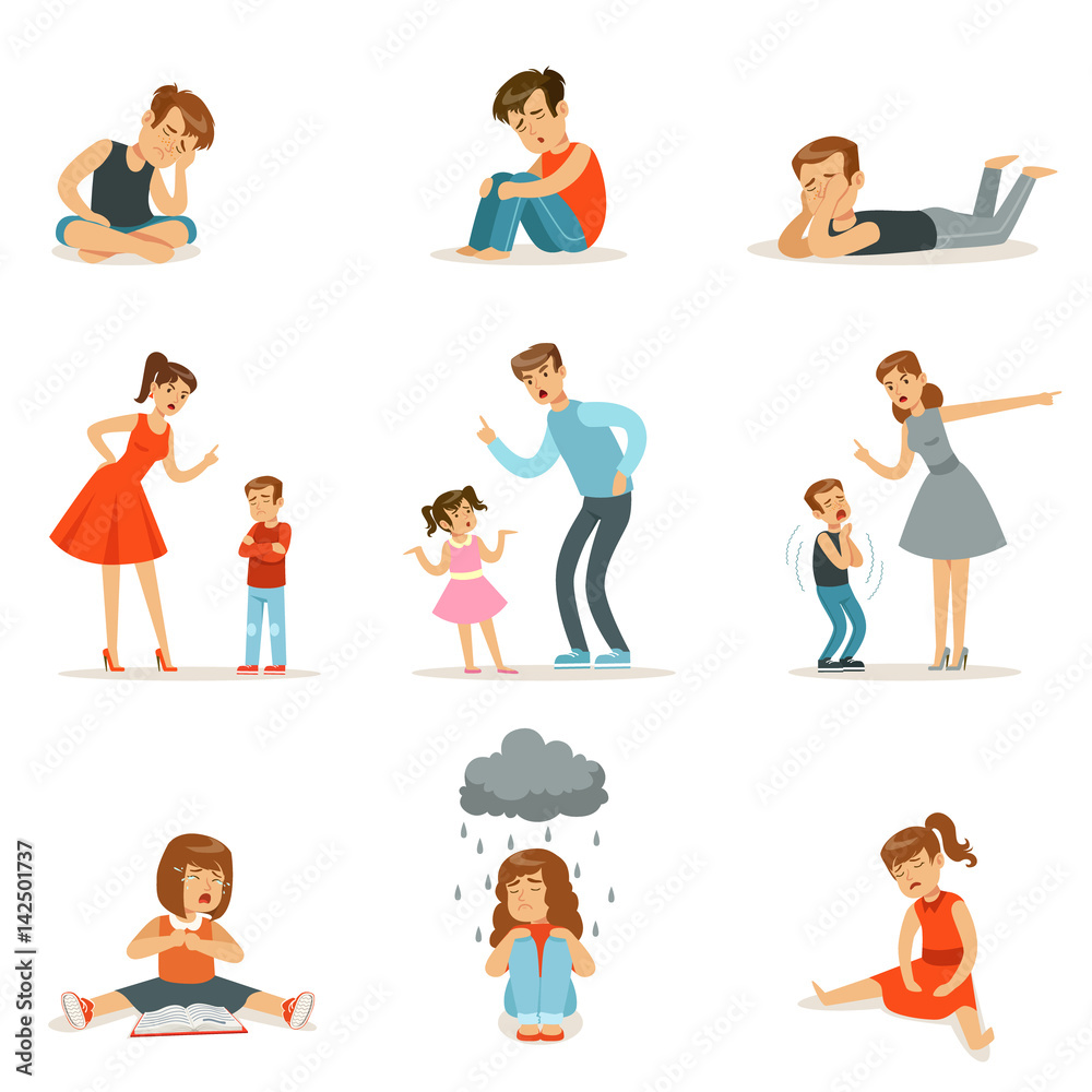 Mutual relations of parents and children, mom and dad scream and scold their children, negative children emotions