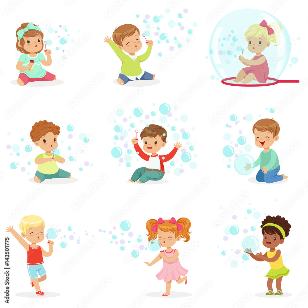 Children playing with colorful soap bubbles, holiday show of soap bubbles at a children party