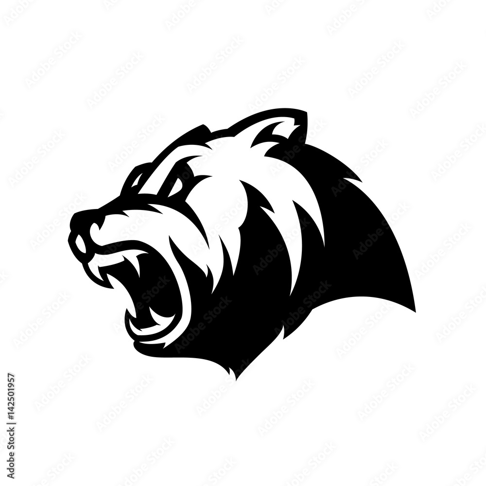 Obraz premium Furious bear head sport mono vector logo concept isolated on white background. Modern predator professional team badge design. Premium quality wild animal t-shirt tee print illustration.
