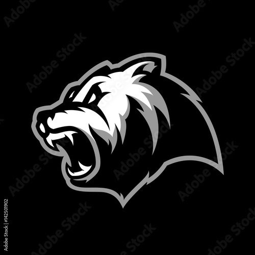 Furious bear head sport vector logo concept isolated on dark background. Modern predator professional team badge design.
Premium quality wild animal t-shirt tee print illustration.