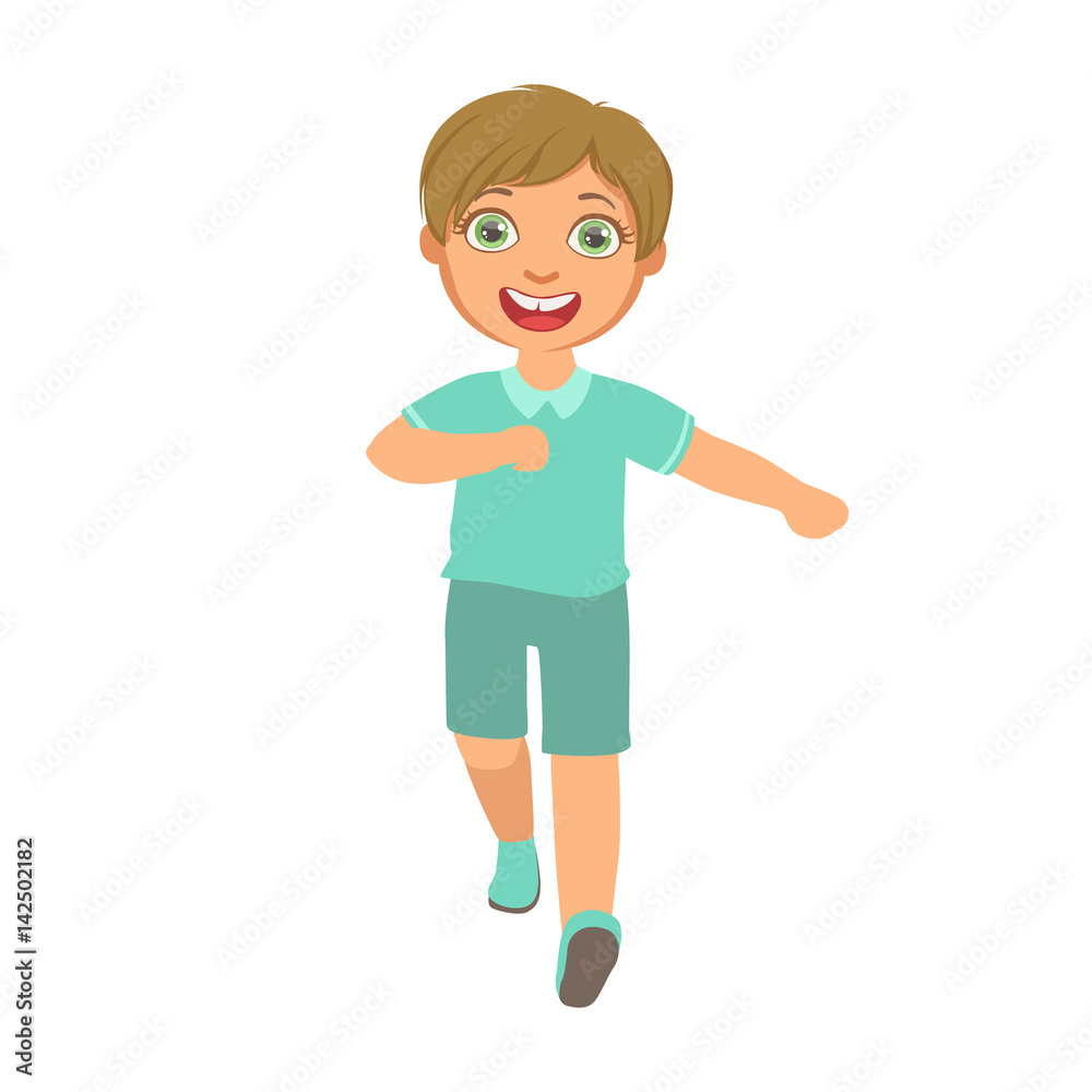 Little boy running in a blue shirt and shorts and smiling, front view, a colorful character Little boy running in a blue shirt and shorts and smiling, front view, a colorful character