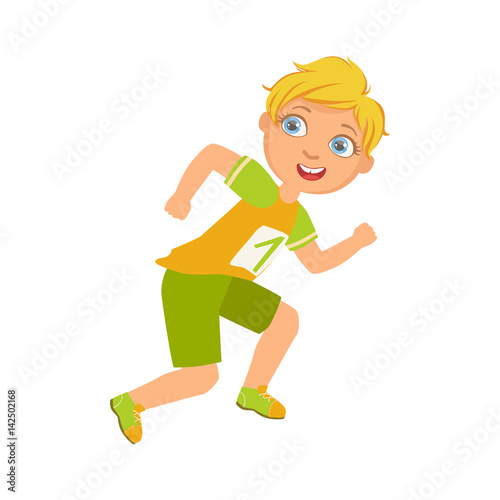 Boy running in yellow shirt with number one, a colorful character