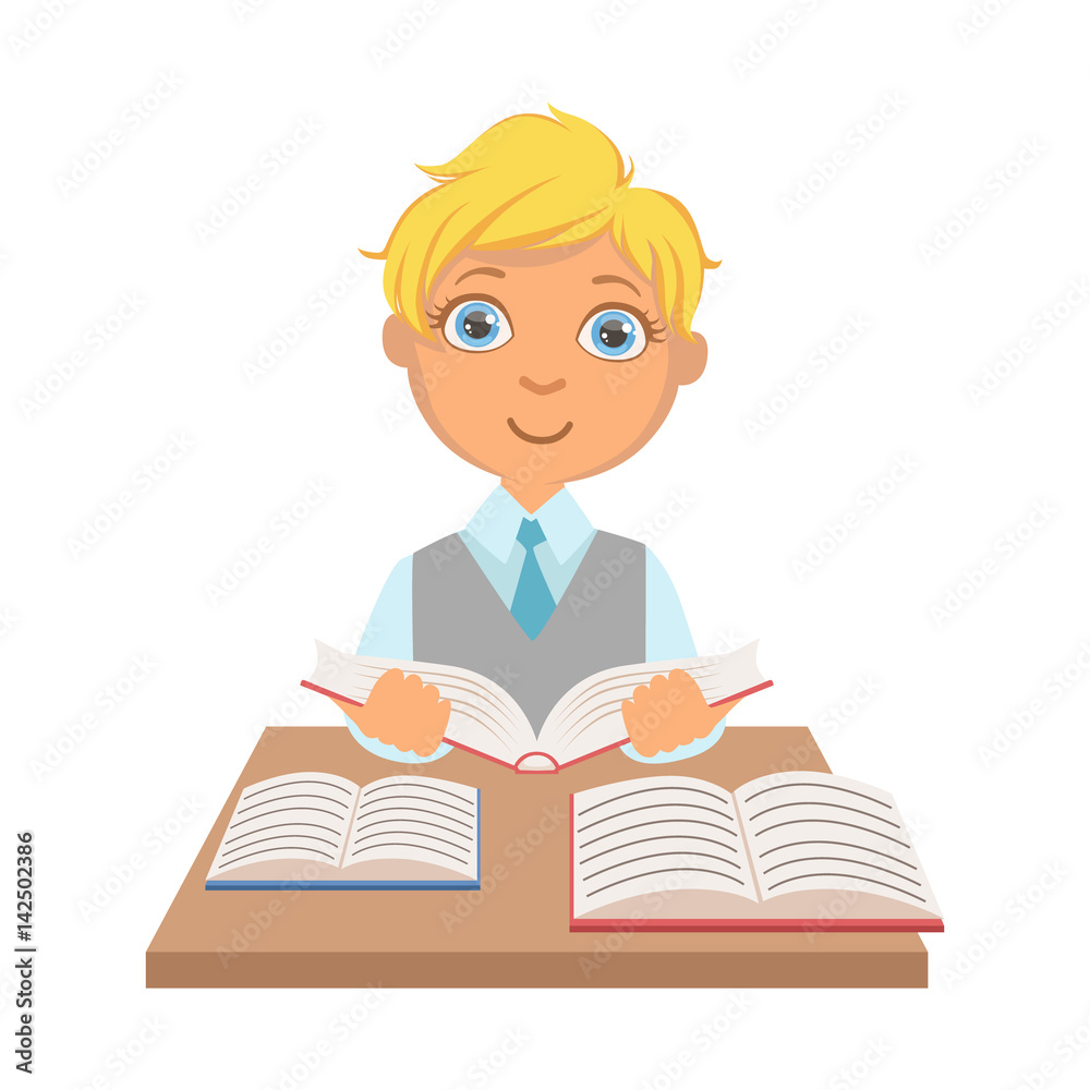 Elementary school student sitting at the desk and reading a book, a colorful character Elementary school student sitting at the desk and reading a book, a colorful character