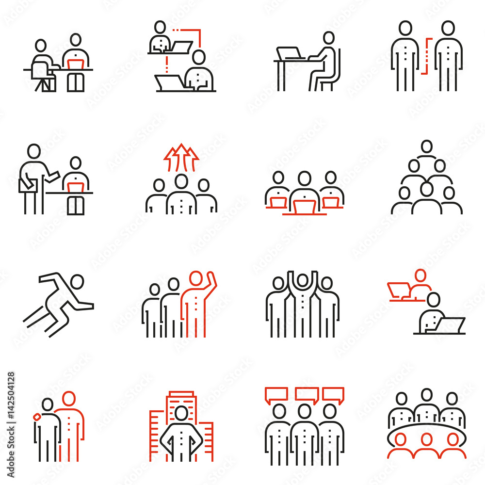 Vector set of 16 linear quality icons related to team work, human ...