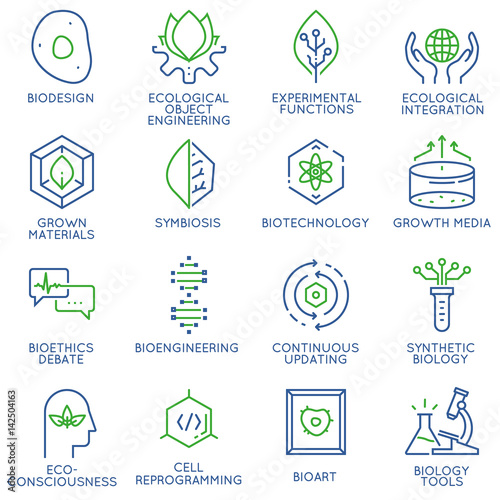 Vector set of 16 linear thin icons related to bio design, biotechnology and bioengineering. Mono line pictograms and infographics design elements