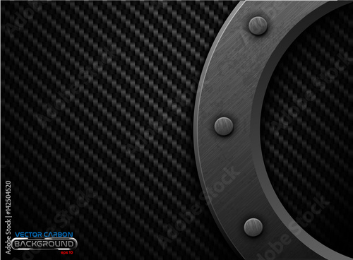 Vector black carbon fiber background with dark grunge metal ring and rivet. Scratched riveted surface heavy industrial design illustration.