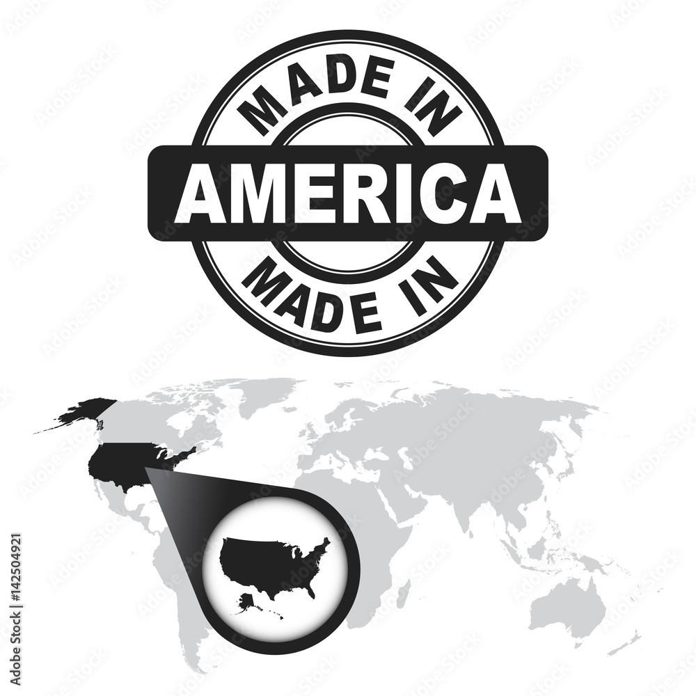 Made in America, USA stamp. World map with zoom on country. Vector emblem in flat style on white background. Made in America, USA stamp. World map with zoom on country. Vector emblem in flat style on white background.