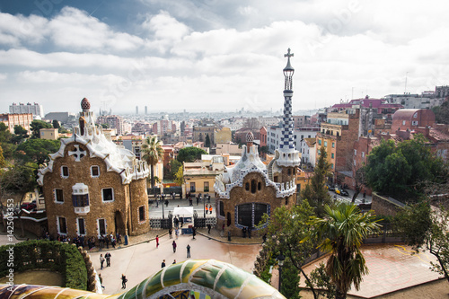 Colourful Parc Guell - Antonio Gaudi architecture in Barcelona, Spain