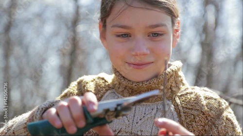 The boy cuts the trees in the garden with a pruner. The child helps to trim the trees in the park in the spring.
 photo