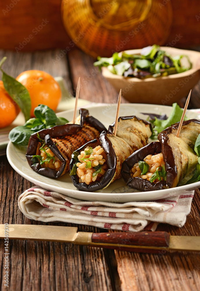 eggplant rolls stuffed with rice and vegetables eggplant rolls stuffed with rice and vegetables
