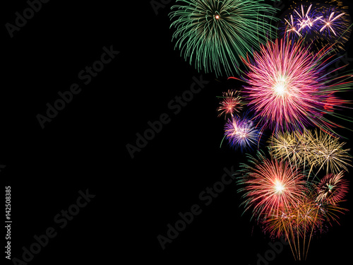 Big fireworks isolated on black background for new year celebration, party, festival or special occasions with copy space for text decoration