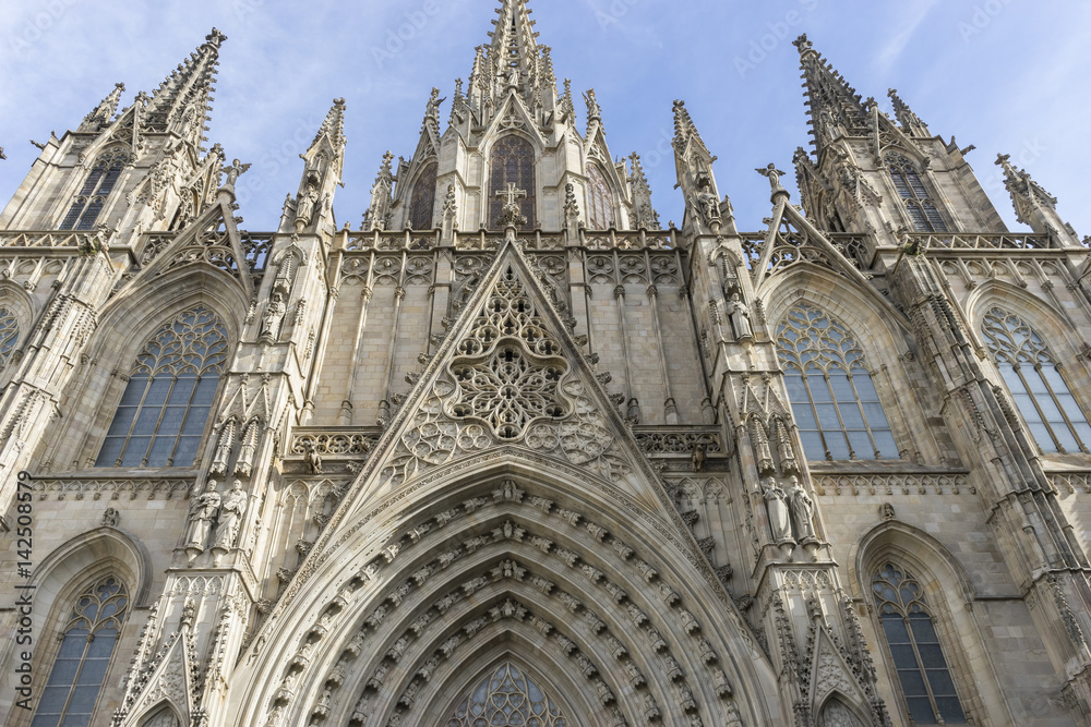 Facade of the Cathedral of Barcelona located in the old part of the city, catalonia, spain